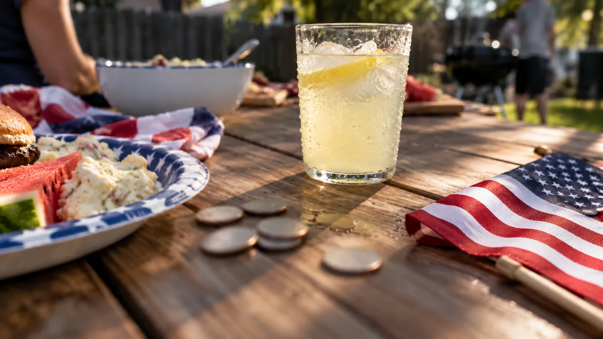 America 250 quarters on a Fourth of July picnic table beside a glass of lemonade and a small American flag