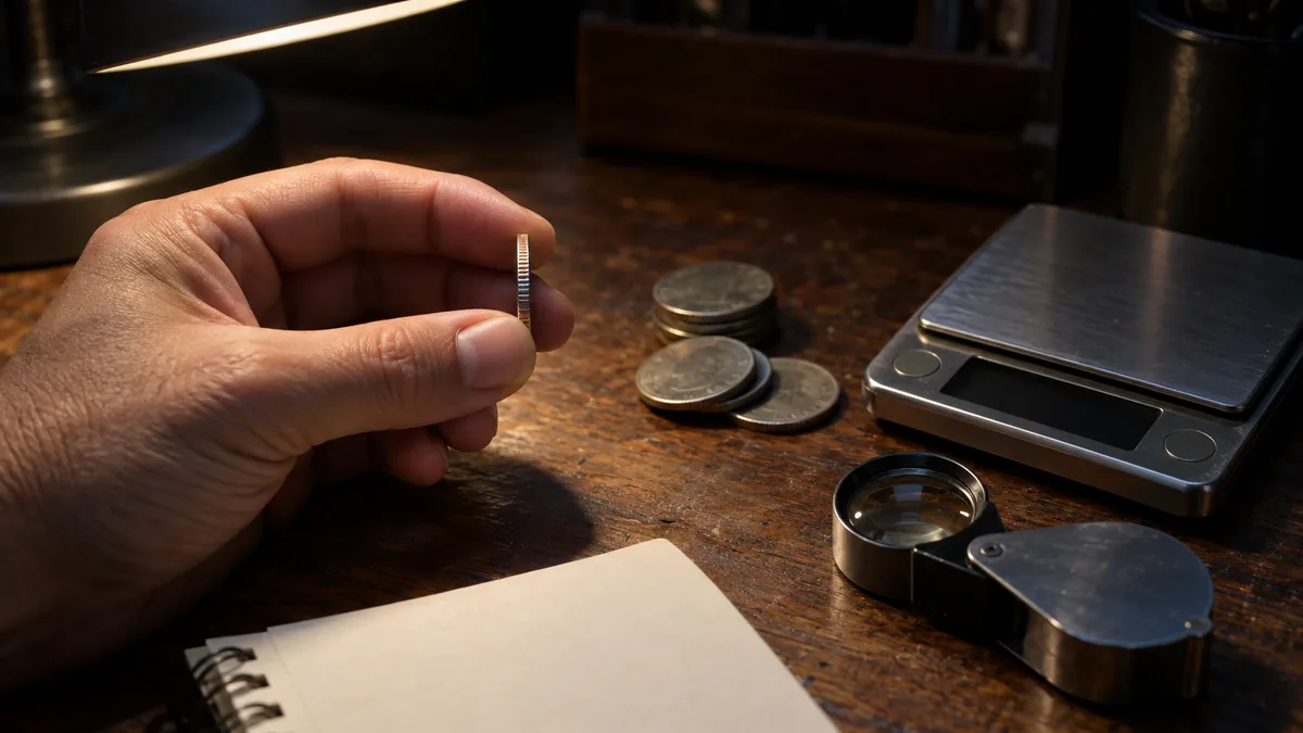 Checking whether 2022 quarters are worth money: a quarter held edge-on beside a coin scale and a jeweler's loupe